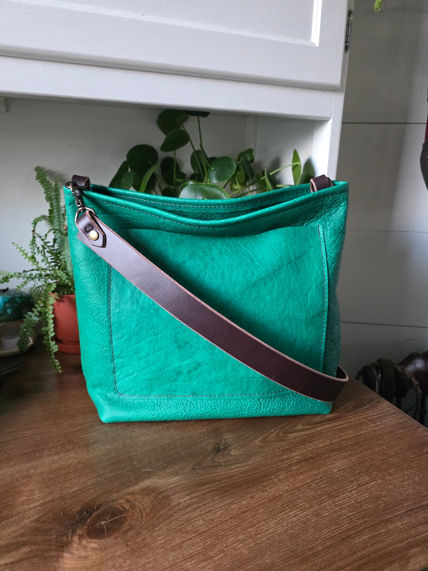 Medium Zip Bucket Bag Green Bison