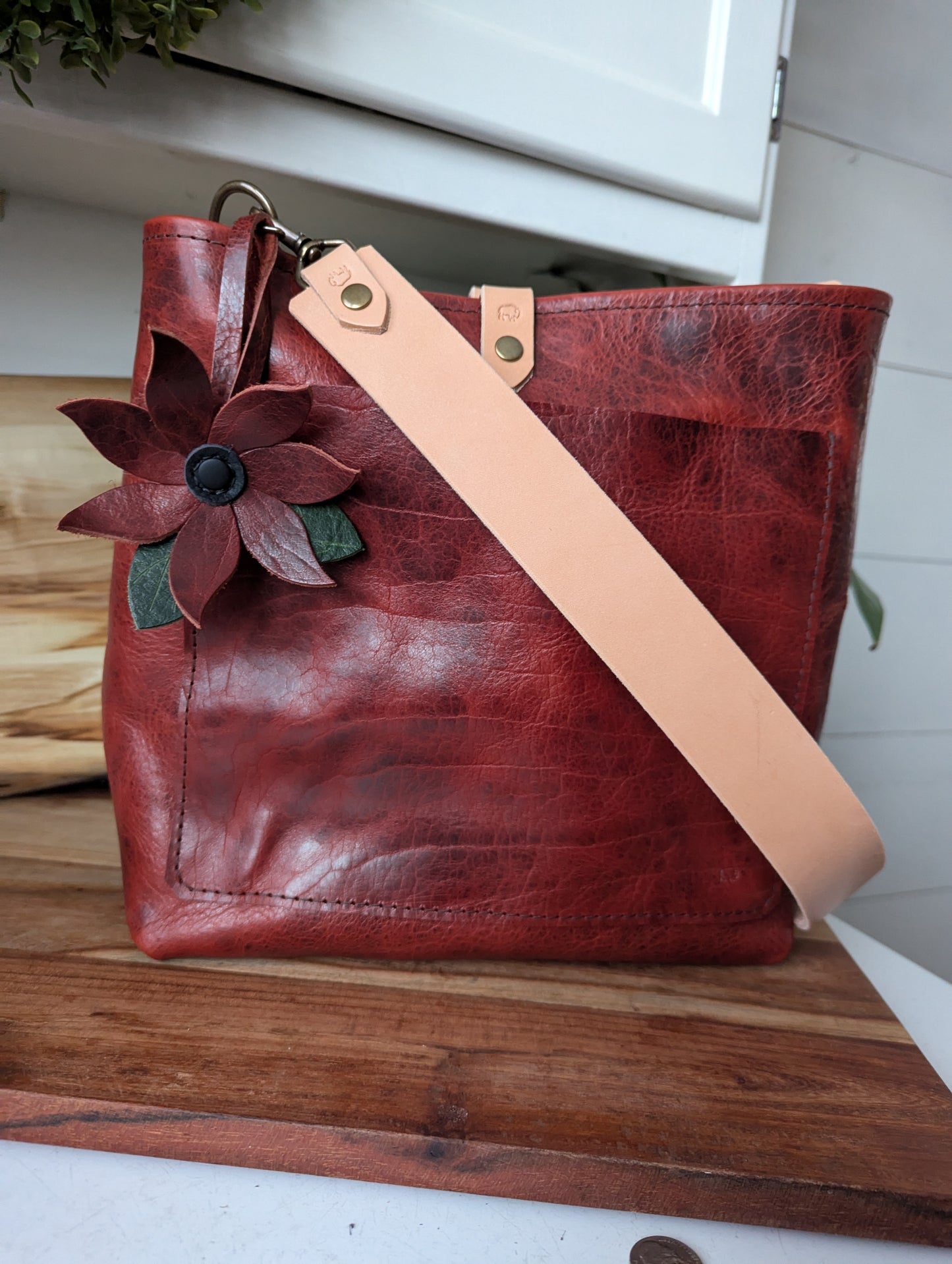 Medium Bucket in Black Cherry Bison- with poinsettia