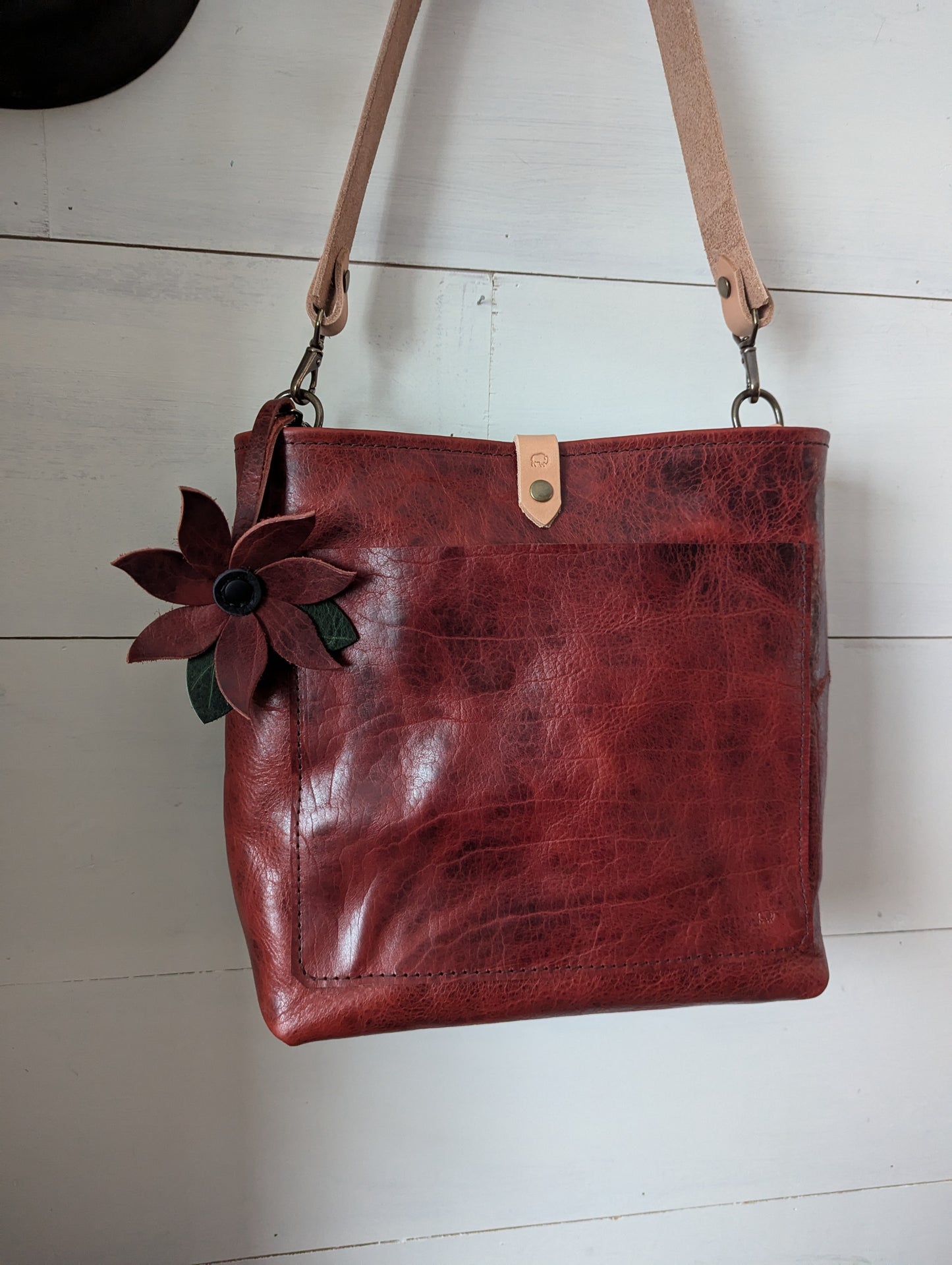 Medium Bucket in Black Cherry Bison- with poinsettia