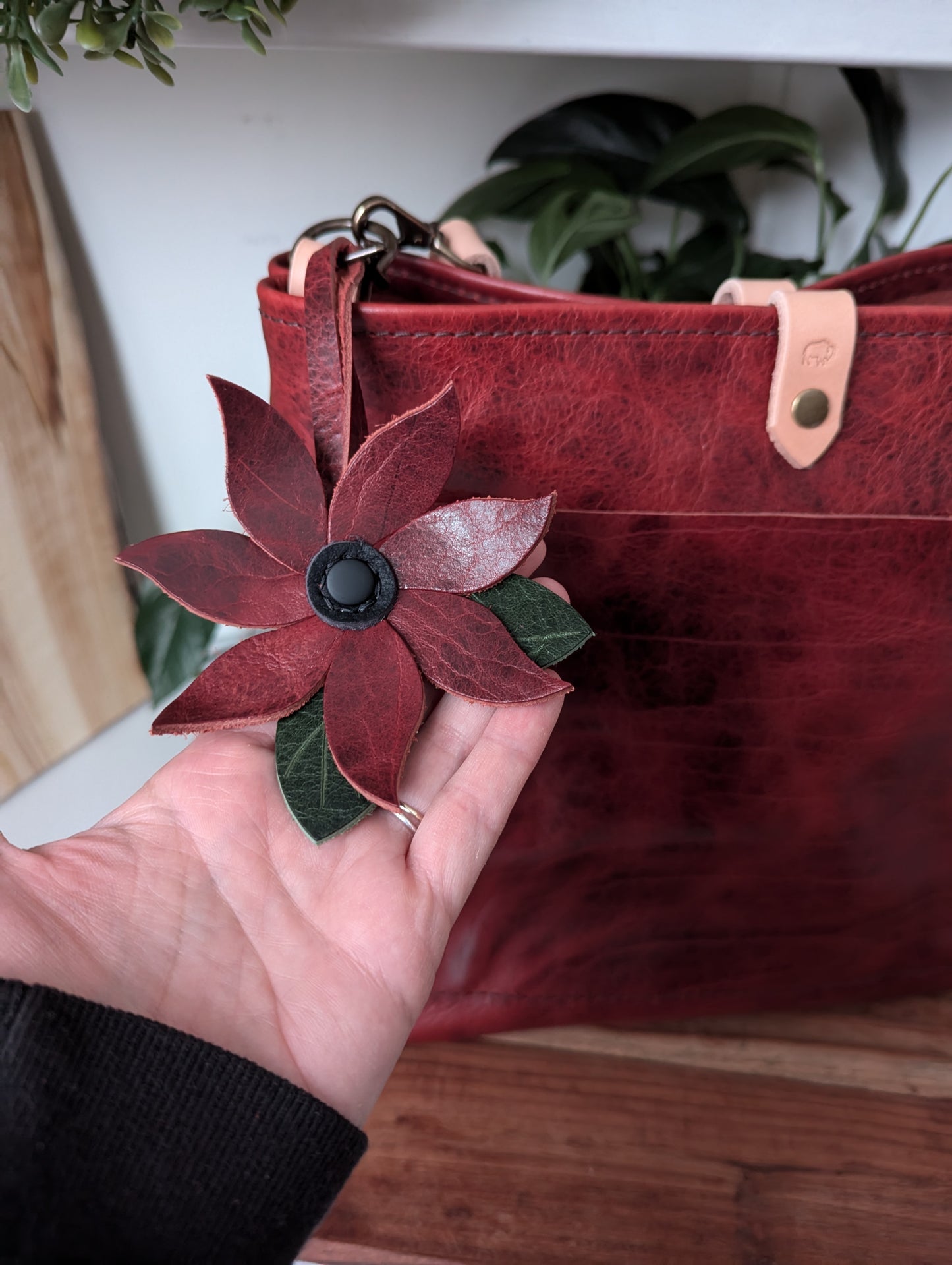 Medium Bucket in Black Cherry Bison- with poinsettia