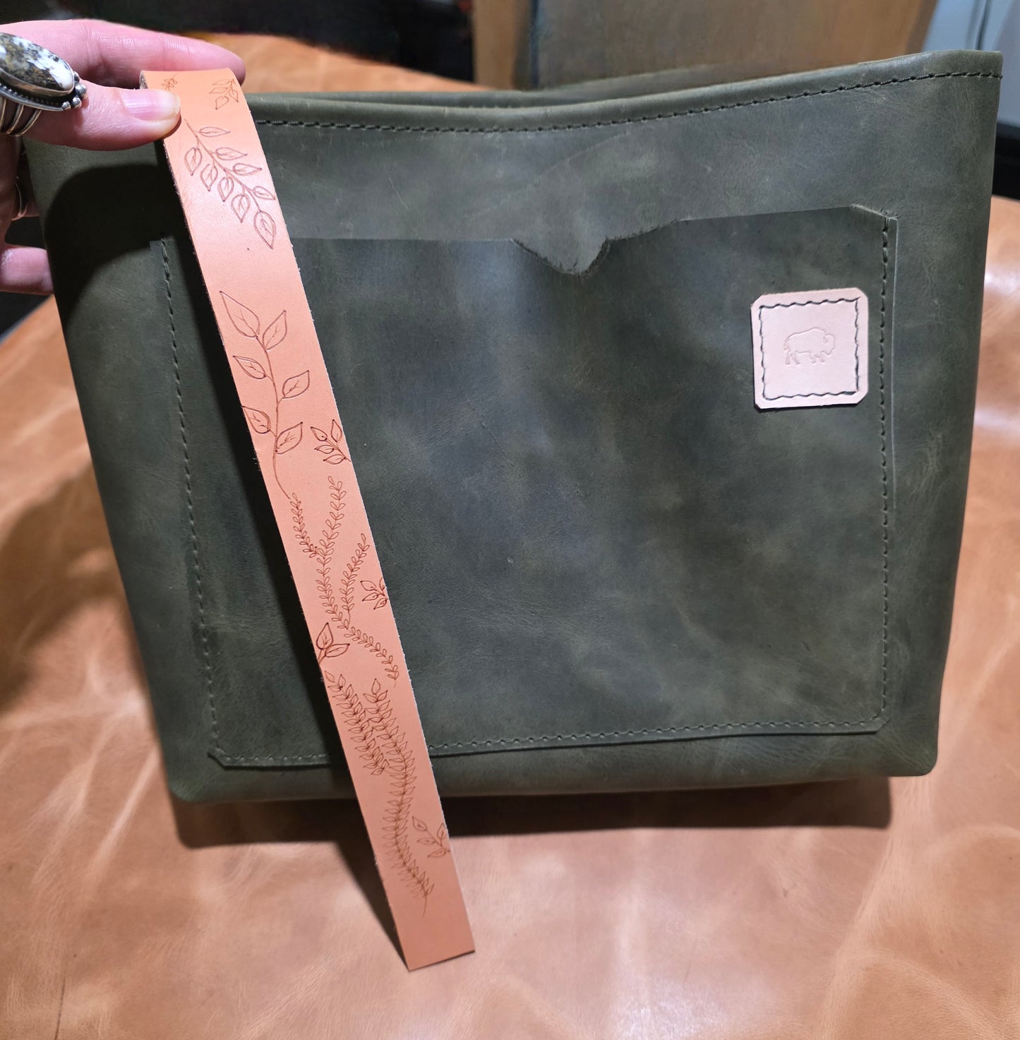 Small Bucket Bag with Etched Vines Strap