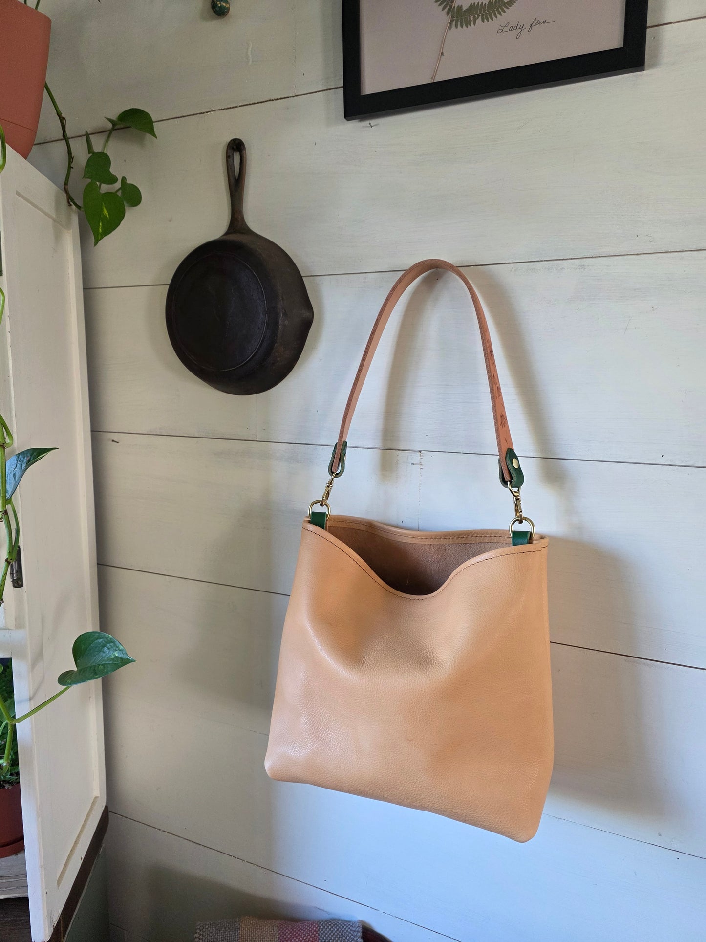 Medium Bucket Italian Milled Veg Tan and etched strap