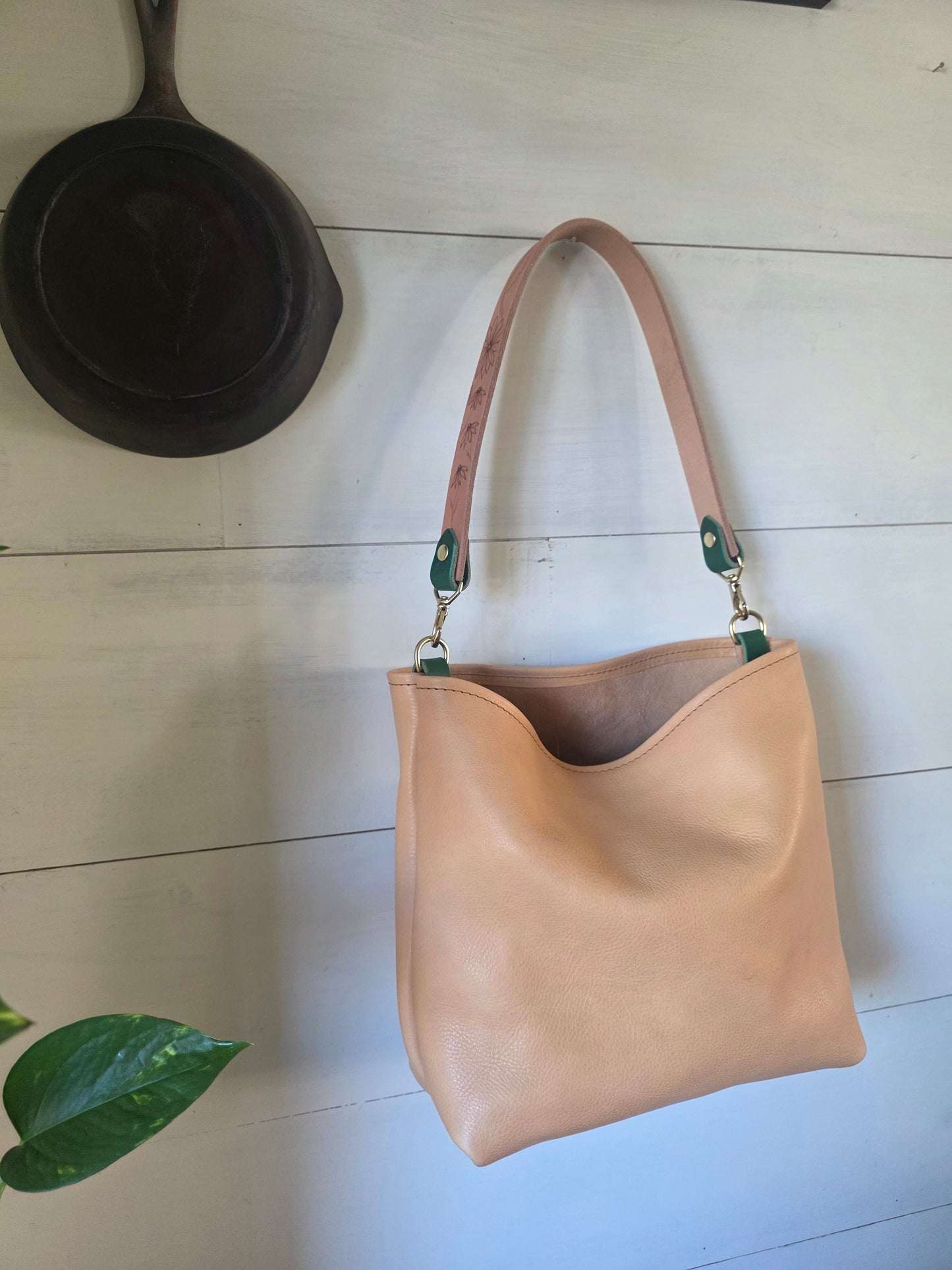 Medium Bucket Italian Milled Veg Tan and etched strap