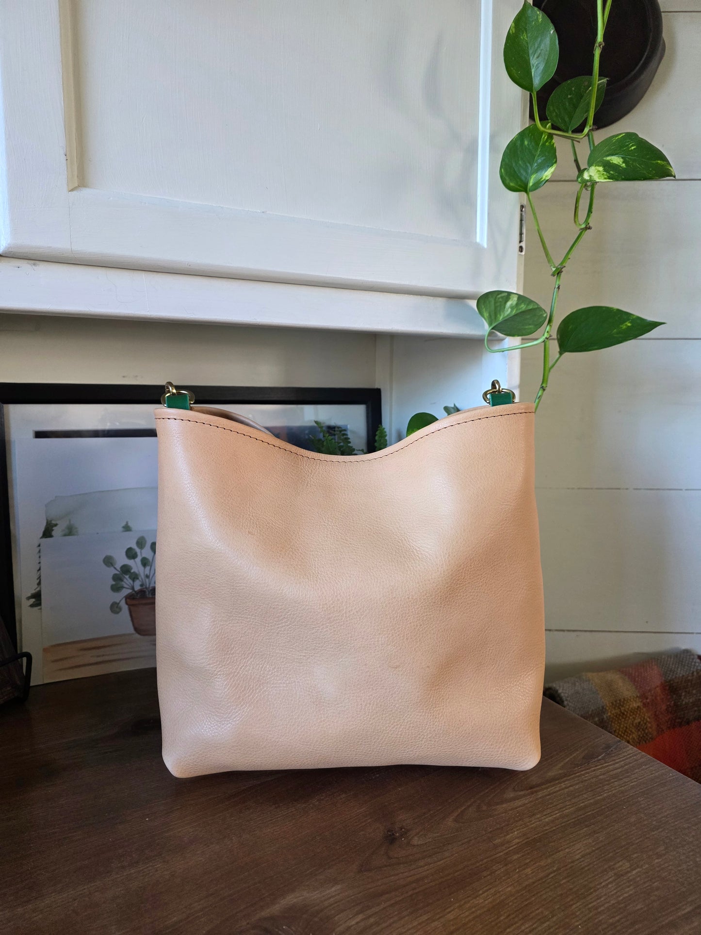 Medium Bucket Italian Milled Veg Tan and etched strap