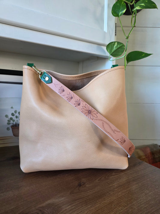 Medium Bucket Italian Milled Veg Tan and etched strap